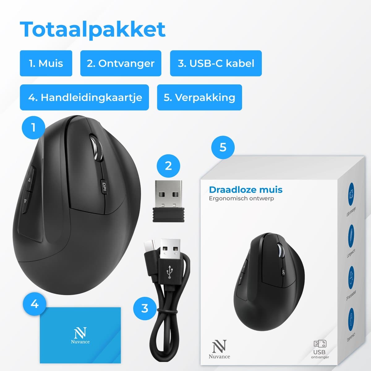 Nuvance Draadloze Muis - Ergonomische Muis Rechtshandig - Bluetooth Muis - Muis Draadloos - Stil - Computermuis - Wireless Mouse thumbnail 8