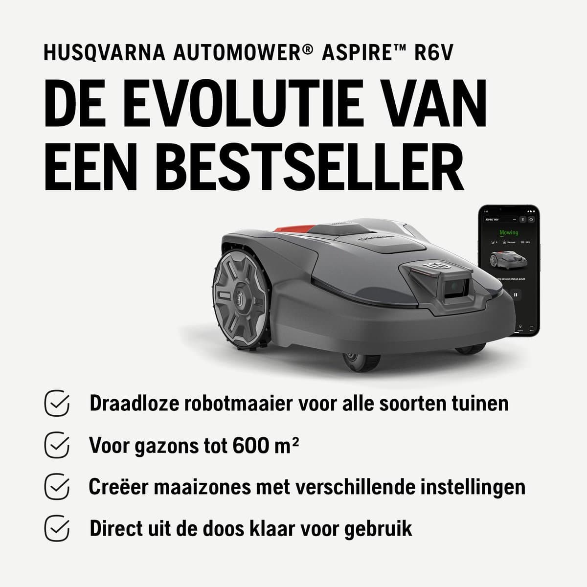 HUSQVARNA Automower® Aspire R6V – Robotmaaier zonder begrenzingsdraad, AI Vision objectherkenning, GPS-navigatie, wifi-app-bediening, systematische maaipatronen, virtuele zones, tot 600 m2 thumbnail 2