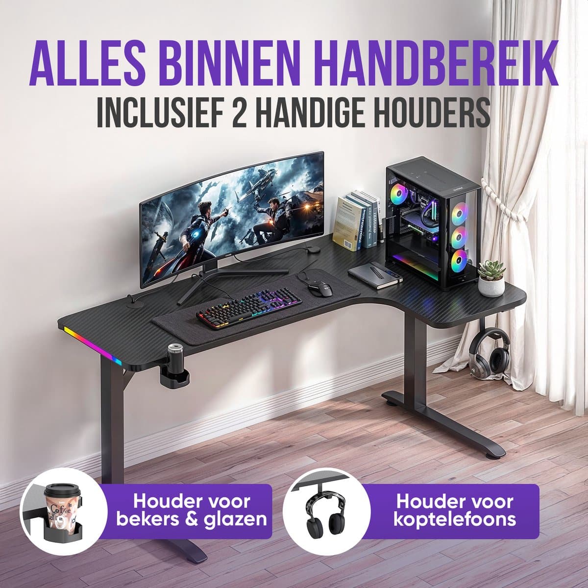 Avalo Gaming Bureau - 160x100x75 CM - L Vormig Hoekbureau - Game Desk Met LED Verlichting - Tafel - Zwart - Hoek Rechts thumbnail 7