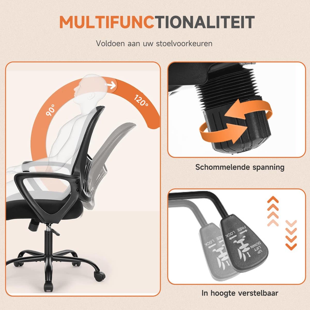 Ergonomische Bureaustoel - Mesh Office Chair - In Hoogte Verstelbaar - Vaste Armleuningen - 113 kg Draagvermogen thumbnail 7