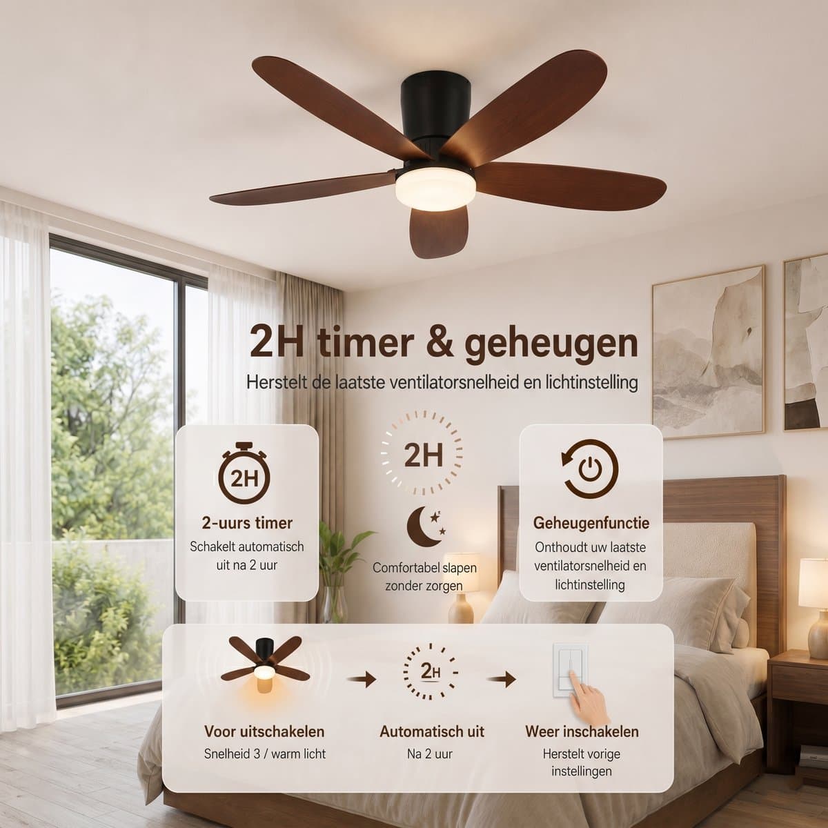 MUPOO Houtlook plafondventilator met verlichting 106 cm- Afstandsbediening & App Bediening - Stille & Dimbare LED - Zomer en Winterstand-6 Snelheden & Geheugen-ventilator lamp plafond Voor Slaapkamer en Woonkamer thumbnail 7