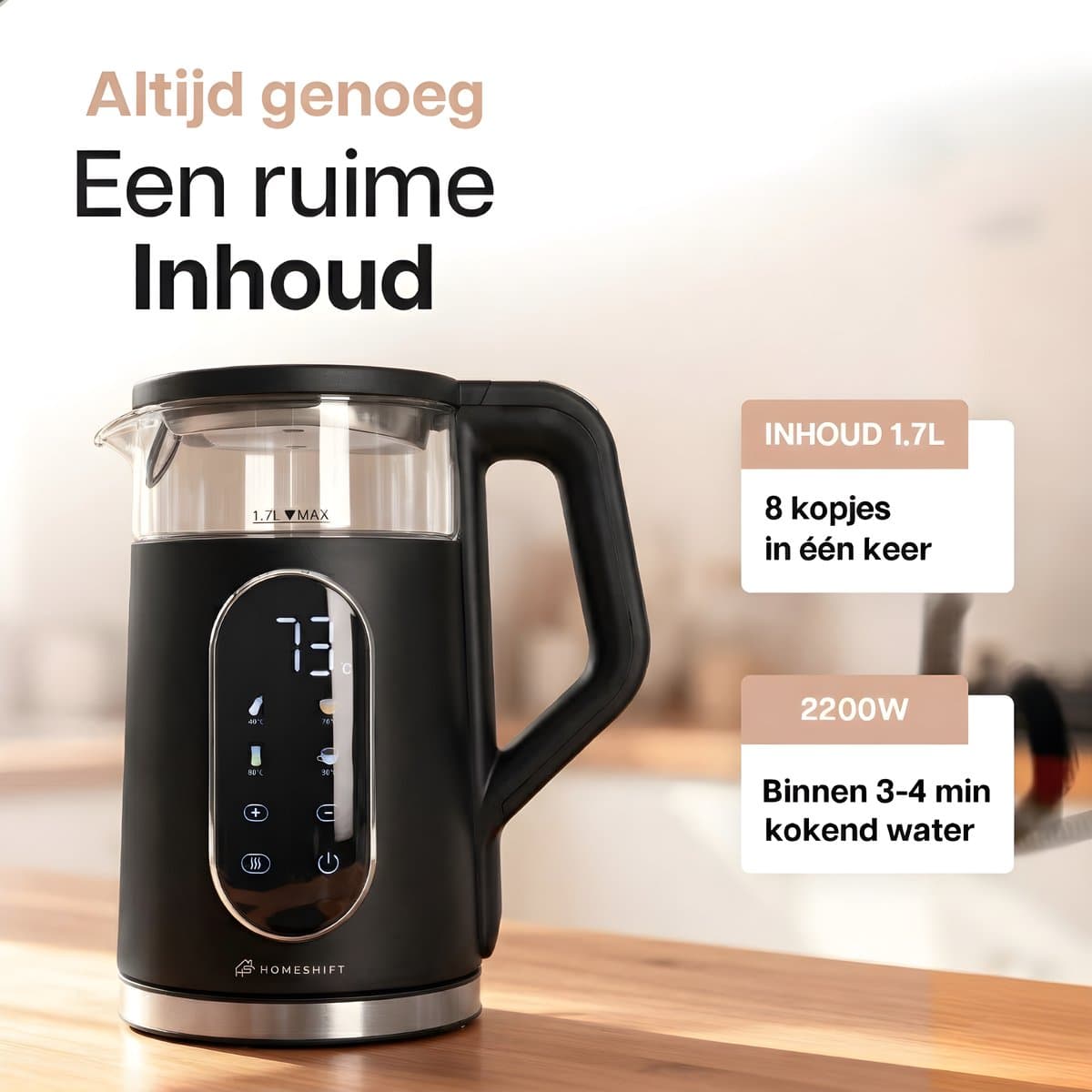 HomeShift Waterkoker 1,7L | Temperatuurregeling & Warmhoudfunctie thumbnail 3