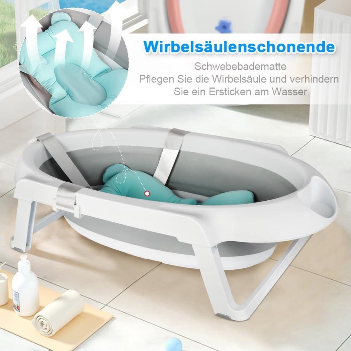 Babybadkuip met frame - Opvouwbaar babybad - Veilig badderen - Inclusief temperatuurindicator - 82 cm - Grijs thumbnail 3