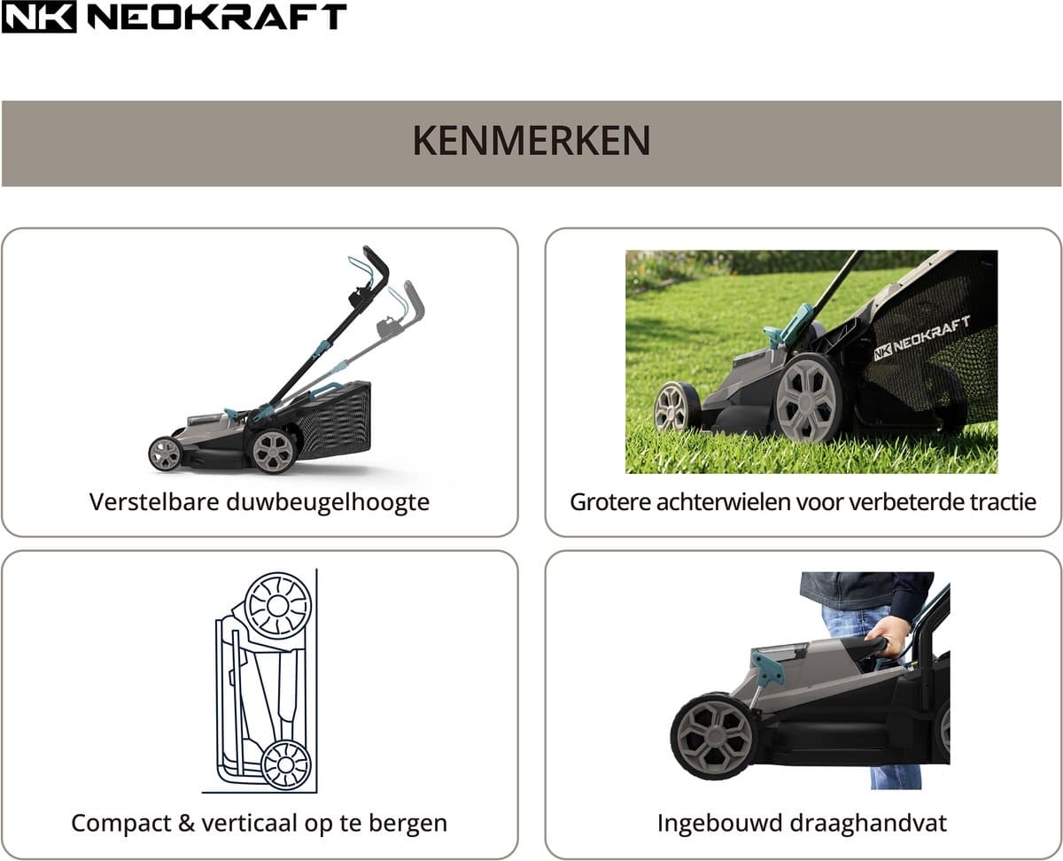 Neokraft - 40V Accu grasmaaier - 38cm maaibreedte - 6 instelbare maaihoogtes - Incl 40L opvangzak - Incl. 40V 4,0Ah accu & lader thumbnail 4