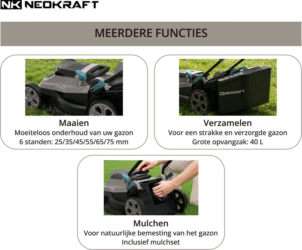Neokraft - 40V Accu grasmaaier - 38cm maaibreedte - 6 instelbare maaihoogtes - Incl 40L opvangzak - Incl. 40V 4,0Ah accu & lader thumbnail 2