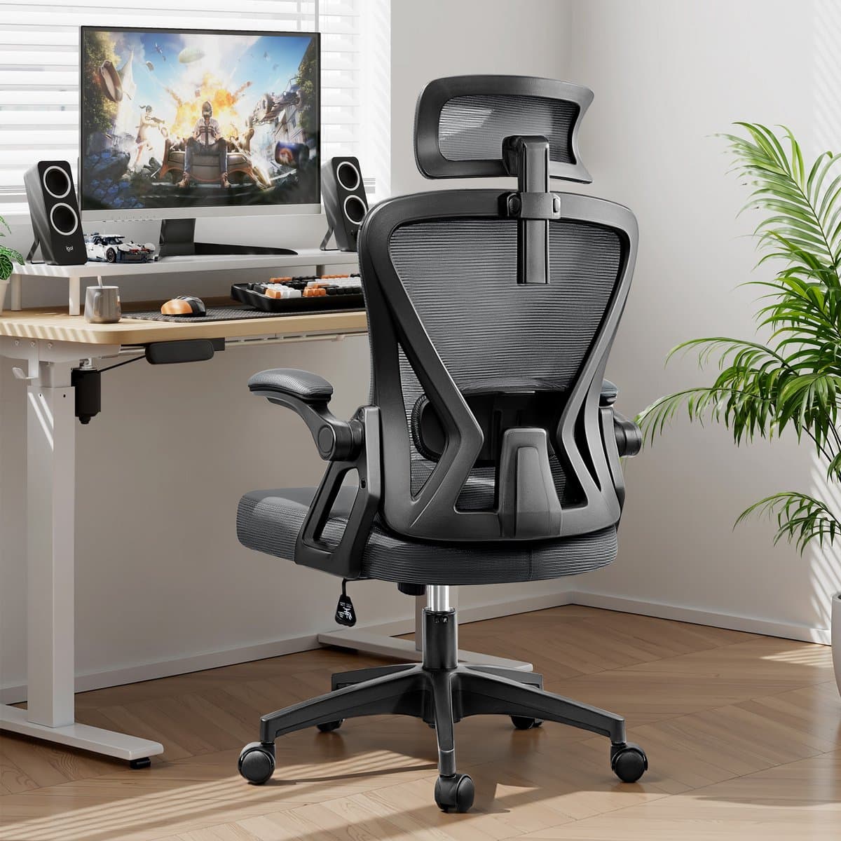 FelixKing Ergonomische Bureaustoel, Draaibare Bureaustoel voor Thuis met Hoofdsteun, Hoge Rugleuning Ademend Mesh Werkstoel, Gevoerde Opklapbare Armleuningen, Lendensteun, Computerstoel op Wielen, In Hoogte Verstelbare Gamingstoel, Kantelbaar thumbnail 2