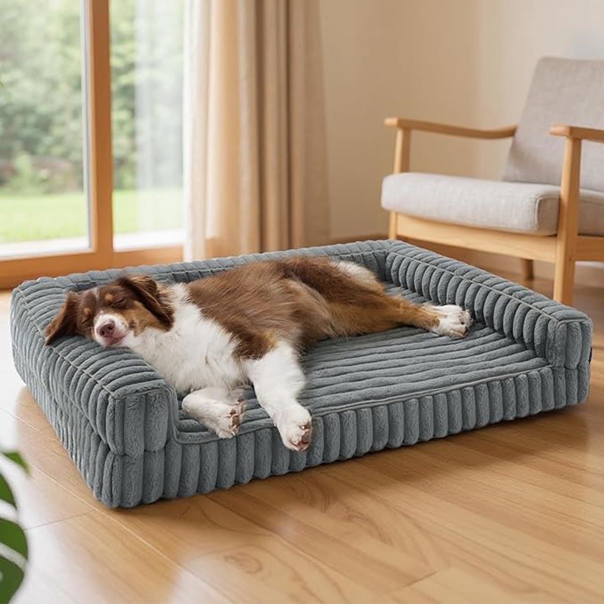 Orthopedische Hondenmand Groot - 89x64x18cm Hondenbank met Traagschuim en Opstaande Rand, Waterdicht, Antislip, Wasbare Afneembare Corduroy Hoes, Grijs