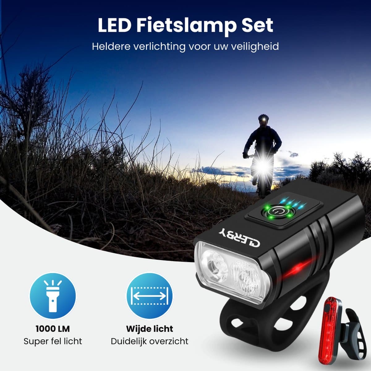 Clerby - Fietsverlichting Set LED - Fietslamp USB Oplaadbaar - Voorlicht en Achterlicht - Fietslicht - USB Oplaadbaar - Fietslampjes - Waterdicht - Zwart thumbnail 2