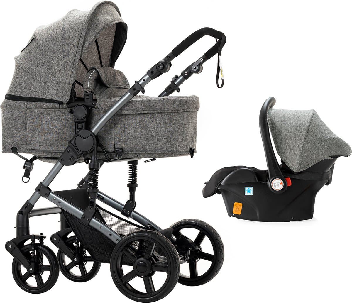 Luxe 3-in-1 Kinderwagen - Wandelwagen - Autostoeltje - Buggy - Reiswieg - Inklapbaar - 0-36 Maanden - Grijs thumbnail 4