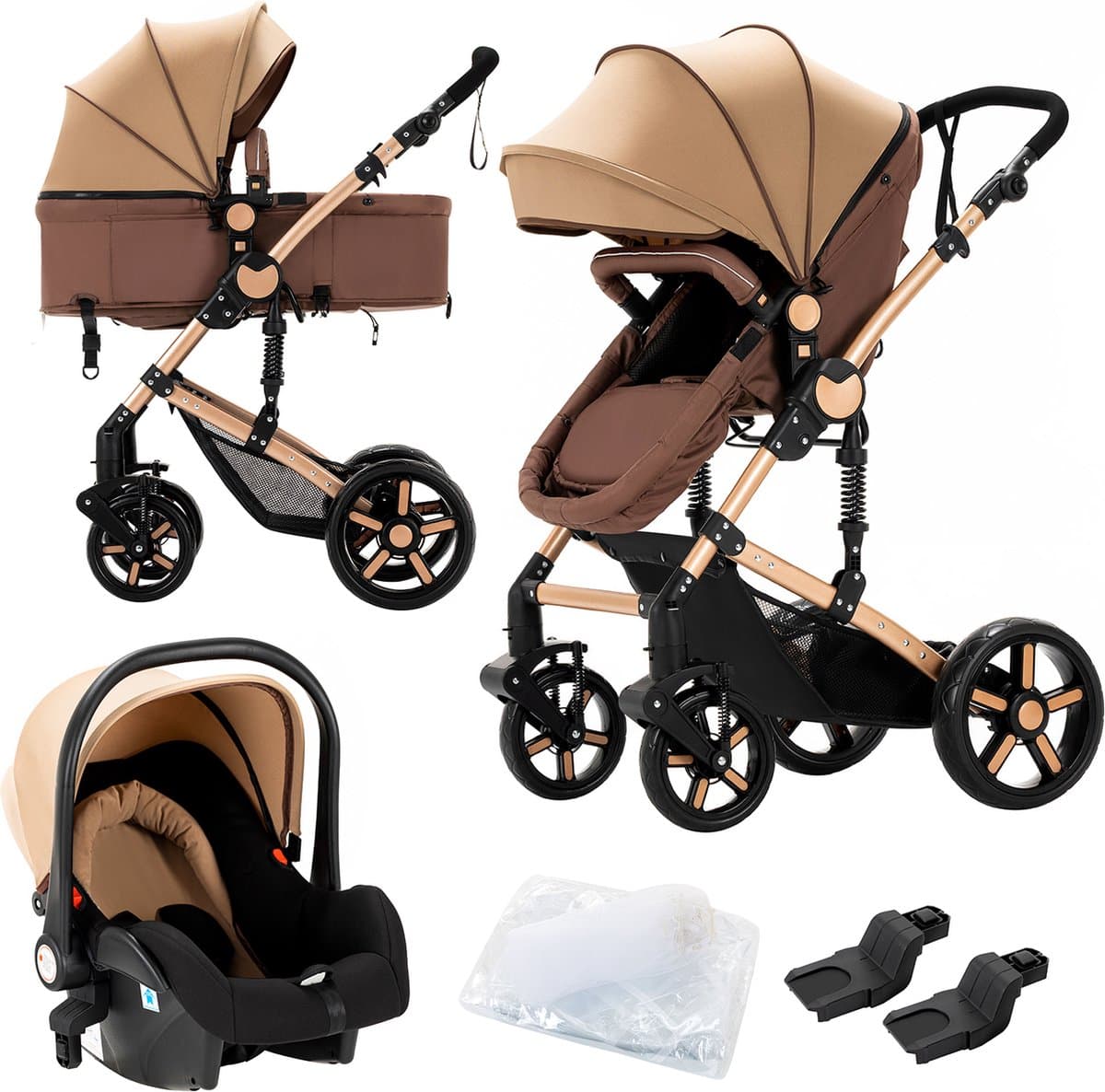 Luxe 3-in-1 Kinderwagen - Wandelwagen - Autostoeltje - Buggy - Reiswieg - Inklapbaar - 0-36 Maanden - Khaki thumbnail 2