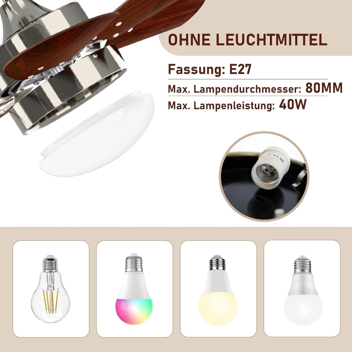 Glitzerlife - Plafond ventilator met verlichting - Ventilator lamp plafond - stille plafondventilator - stille motor met afstandsbediening -E27 ijzer en acryl - Ø75cm - notenhout thumbnail 2