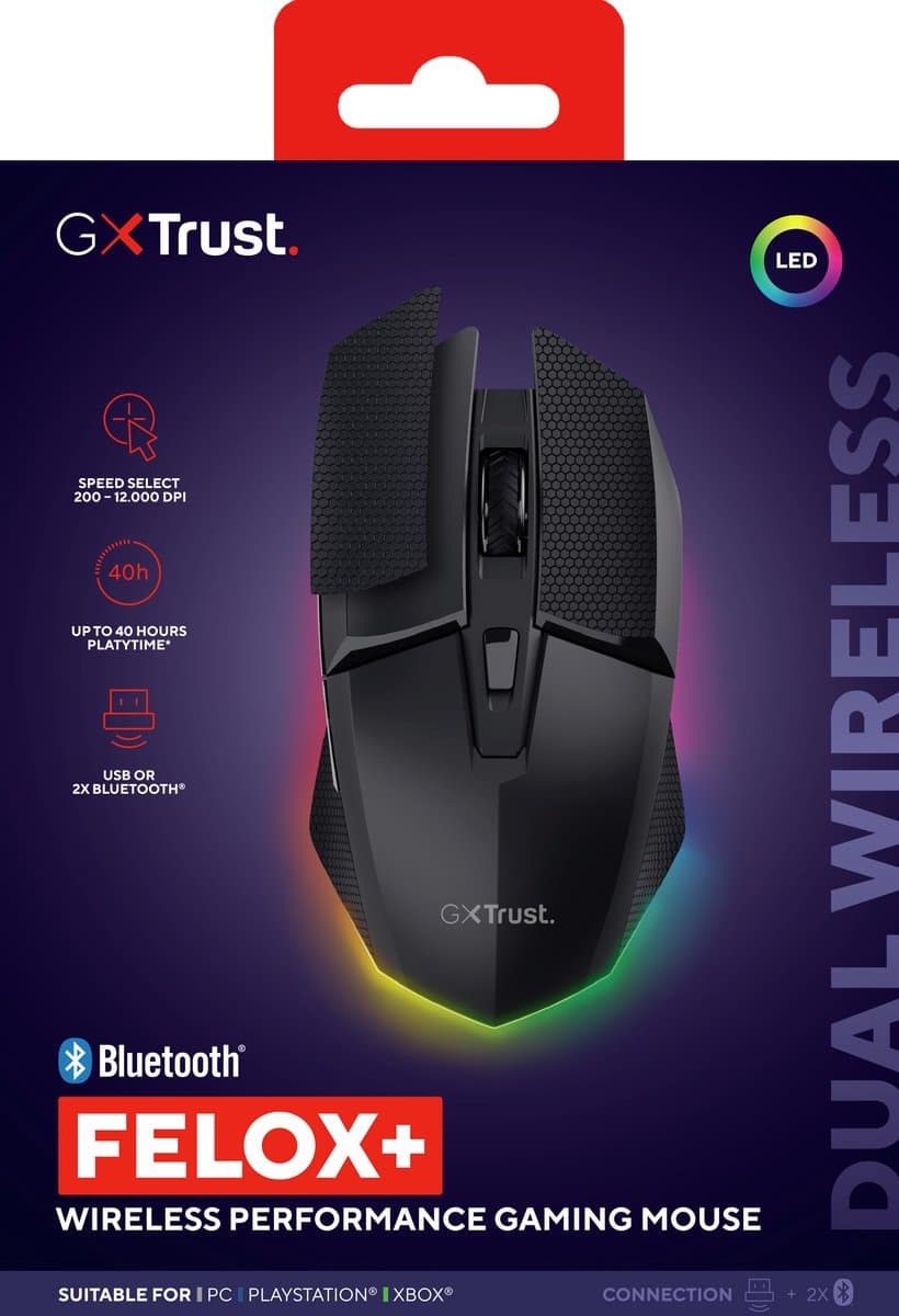 Trust GXT 122 Felox+ - Gaming Muis - Draadloos - 12.000 DPI - RGB Verlichting - Inclusief Griptape - Zwart thumbnail 6