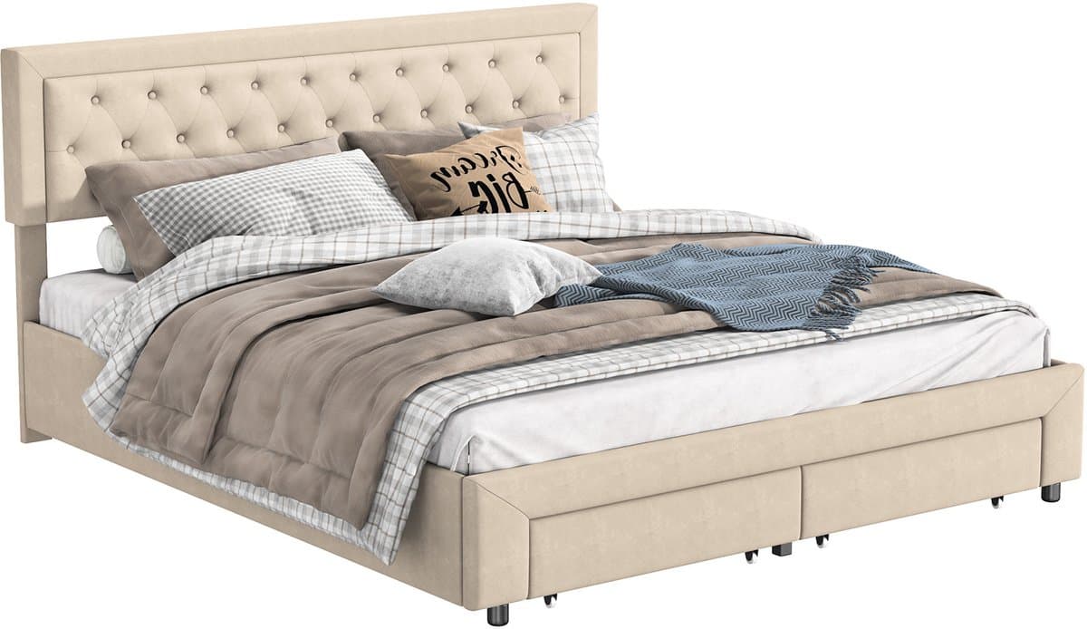 180x200 Fluwelen Opbergbed Beige – Gaslift Tweepersoonsbed met 2 Grote Lades bij Voeteneinde & Verborgen Opbergruimte – Bed 180x200 thumbnail 4