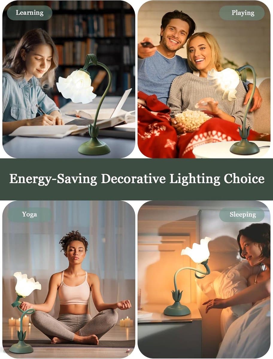 Bloemvormige tafellamp - LED leeslamp voor naast het bed, retro nachtlampje met bloemenmotief - 3 kleurstanden - Decoratie voor naast het bed - Verlichting voor woonkamer en slaapkamer, tafellamp, woondecoratie (groen) thumbnail 2