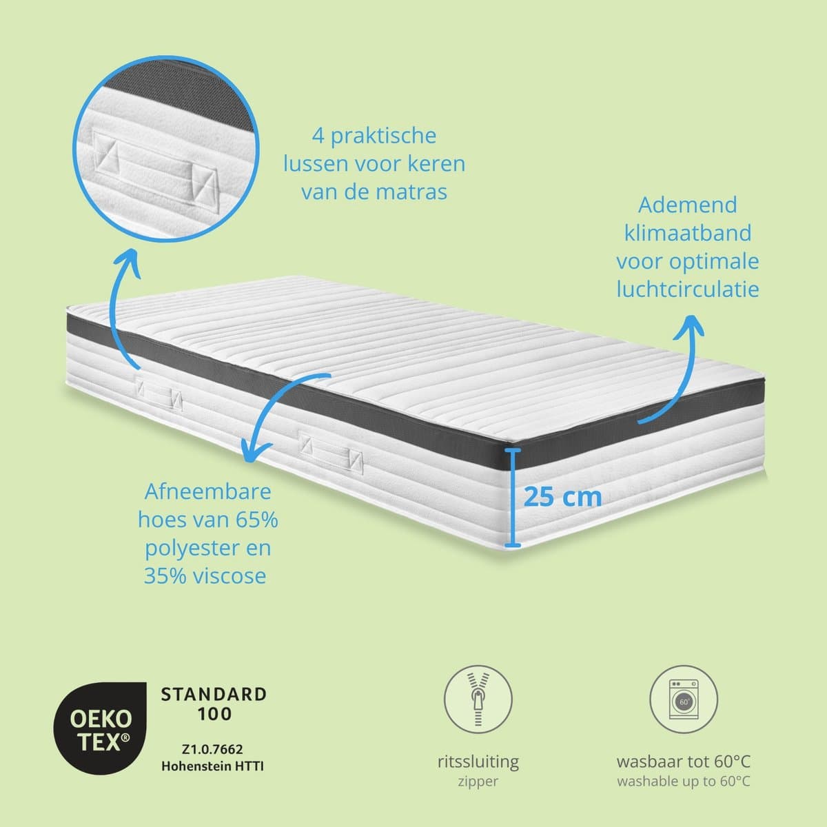 Bodyprotect Elite Line - matras 140x200 cm pocketvering 1000 - hoogte 25 cm - hardheid H3 - ergonomische pocketveringmatras, 7-zones matras en veringmatras - Made in EU - 140 x 200 x 25 cm - wit thumbnail 4