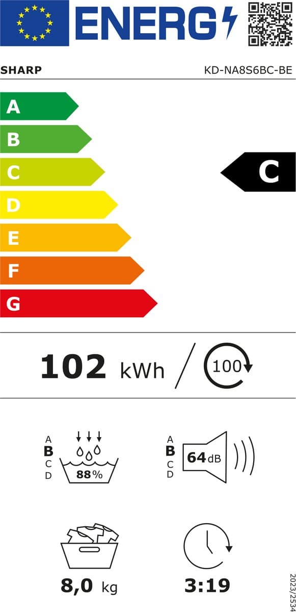 Sharp KDNA8S6BCBE - warmtepomp droger - 8 kg - energie label C - 15 programma's - LED trommelverlichting - links en rechts draaiend - mat zwart thumbnail 2