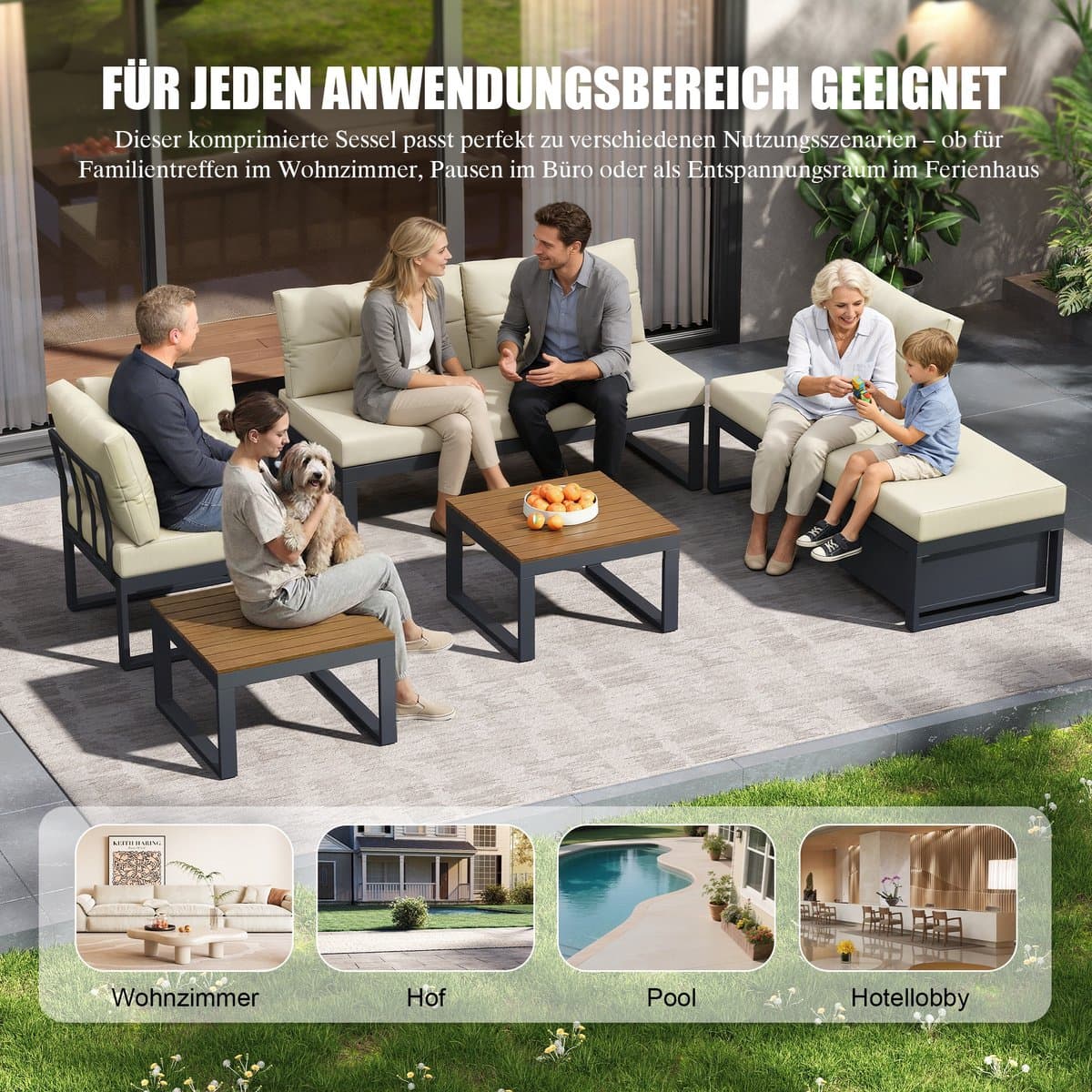 Sweiko Tuin loungeset - Hoekbank + salontafel - Verstelbare rugleuning - Met kussens - Opbergruimte - Beige thumbnail 5