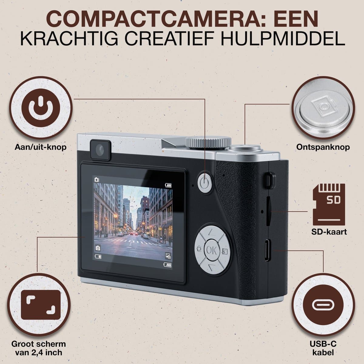 EMS Pro Smart Retro Camera met Scherm - Digitale Fotocamera - 64 Megapixel - Ingebouwde Filters - Video's & foto's - Minimalistisch Vintage Design - Met Xenon Flits - Oplaadbaar - 8GB - Zwart thumbnail 4