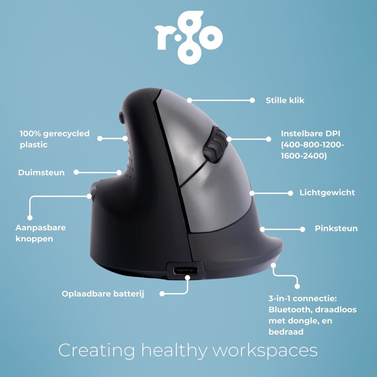 R-Go HE - Ergonomische Verticale Muis - Bluetooth - Break Software - Linkshandig - Draadloos - Zwart thumbnail 8