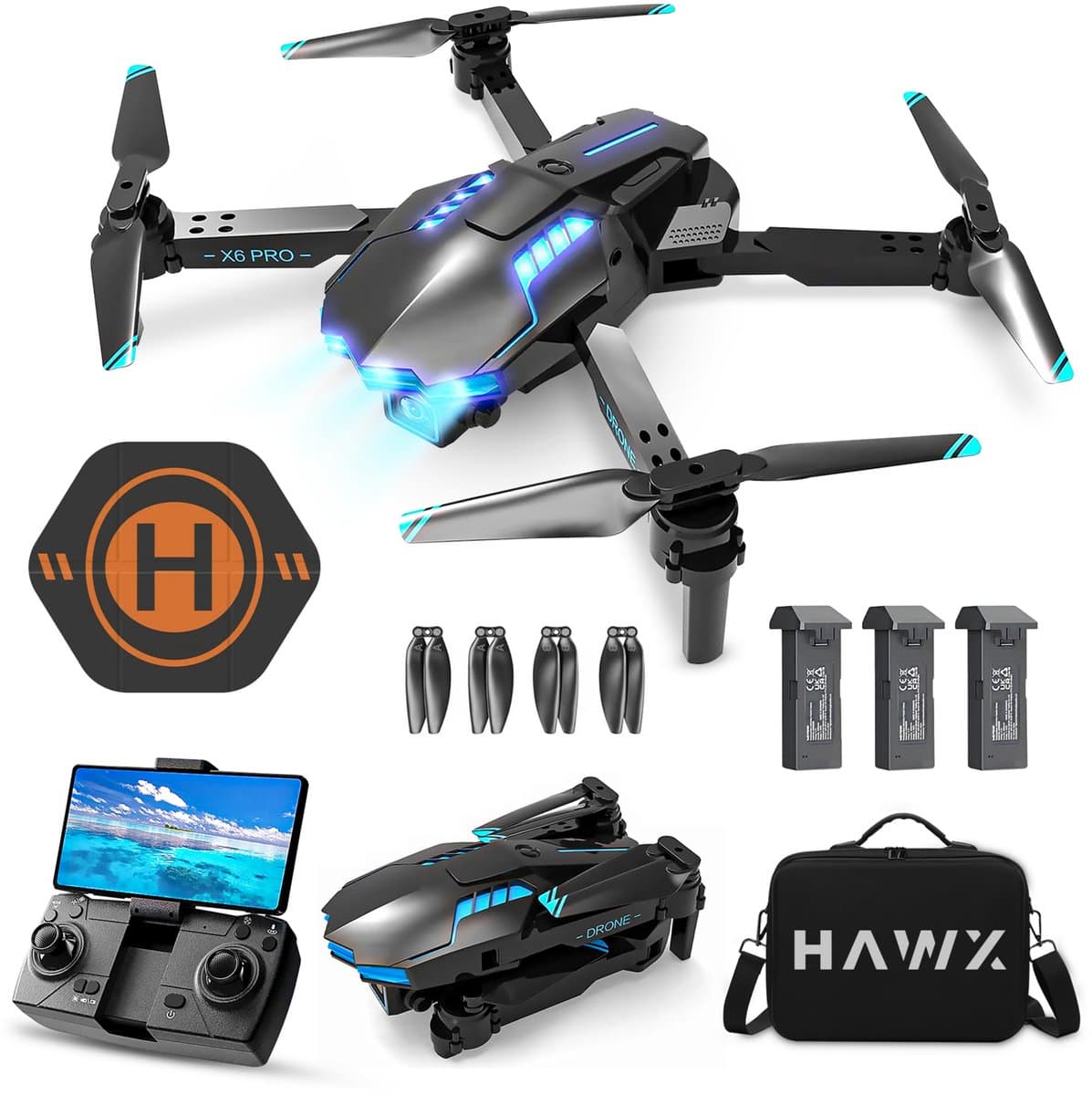 HAWX Drone - Drone met 4K Camera - Mini drone - Voor Kinderen/Volwassenen - Drones - Tot 90 Minuten Vliegen - Incl. 3 Batterijen, Opbergtas, Landing Pad - afbeelding 1