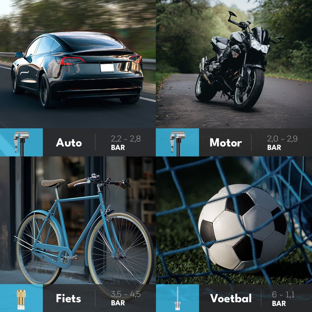 Elektrische Bandenpomp 4-in-1 - Tot 10.3 Bar - Auto, Fiets, Motor & Bal - Luchtcompressor - Autobanden Pomp - Elektrische Fietspomp - 6000 mAh Powerbank - Blissify thumbnail 7
