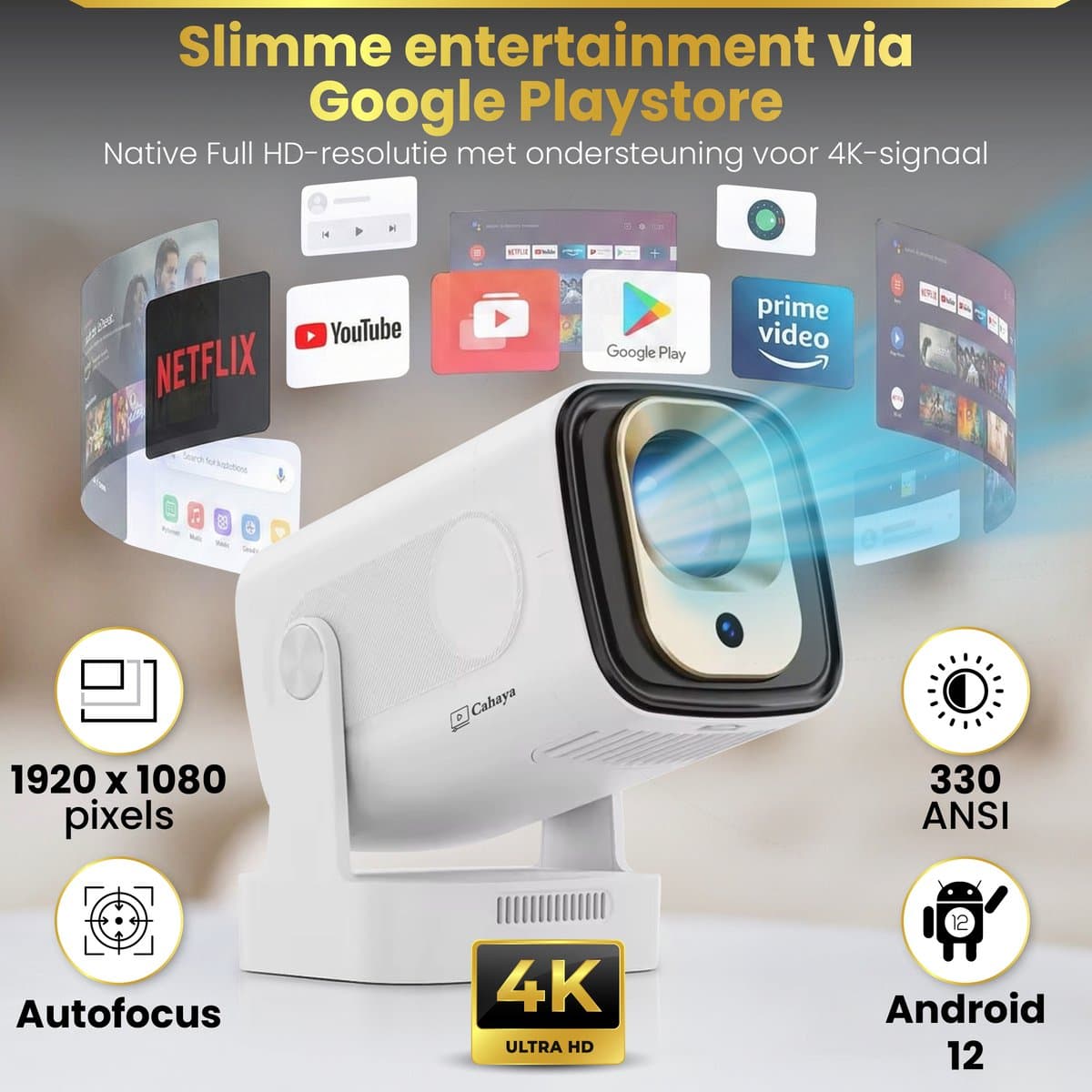 Cahaya Nova - Mini Beamer - 4K ondersteuning - mini projector - draagbare beamer - projector / beamer - Geïntegreerd Android 12.0 systeem - Screen mirroring smartphone - Home cinema thumbnail 7
