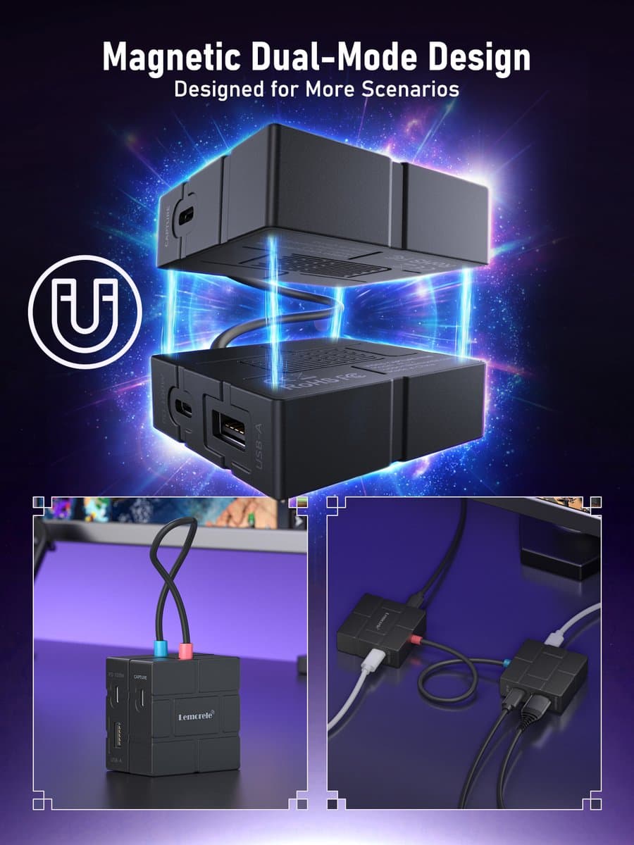 Lemorele AC12 Video Capture Card + Hub + Magnetisch – 1080P 60Hz – HDMI Passthrough – USB-C – 100W PD thumbnail 8