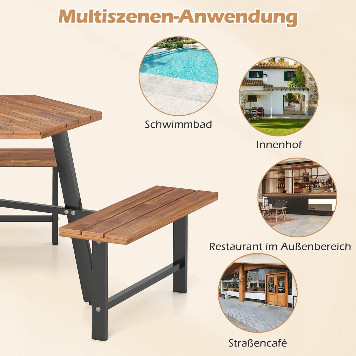 COSTWAY Picknicktafelset voor 6 personen, tuintafel van acaciahout met parasolgat en 3 banken, terrasmeubels, tuinmeubelen, zitgroep, zitgroep voor tuin, terras thumbnail 4