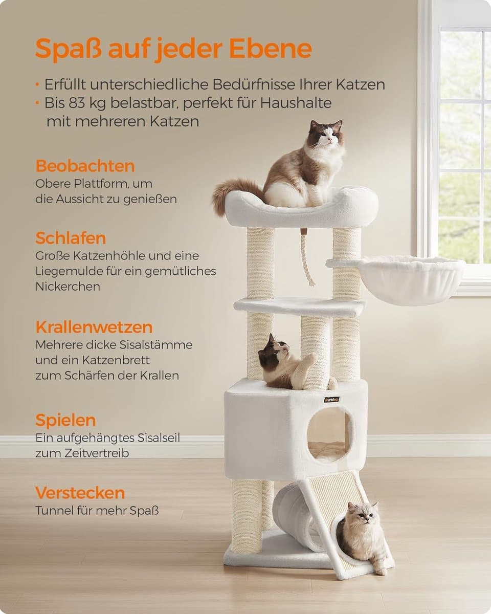 Feandrea PCT002T01 Krabpaal, groot, M, kattenboom, holletje, hangmat, pluchen platform, tunnel, sisalstammen, krabplank, 50 x 50 x 141 cm, crèmewit thumbnail 5