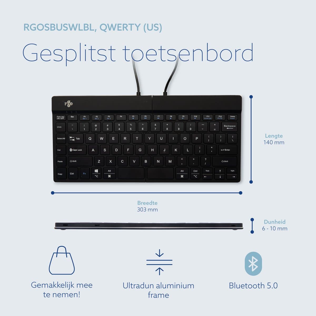 R-Go Split - Draadloos Ergonomisch Toetsenbord - Pauze-indicator - Gesplitst - US QWERTY - Zwart thumbnail 8