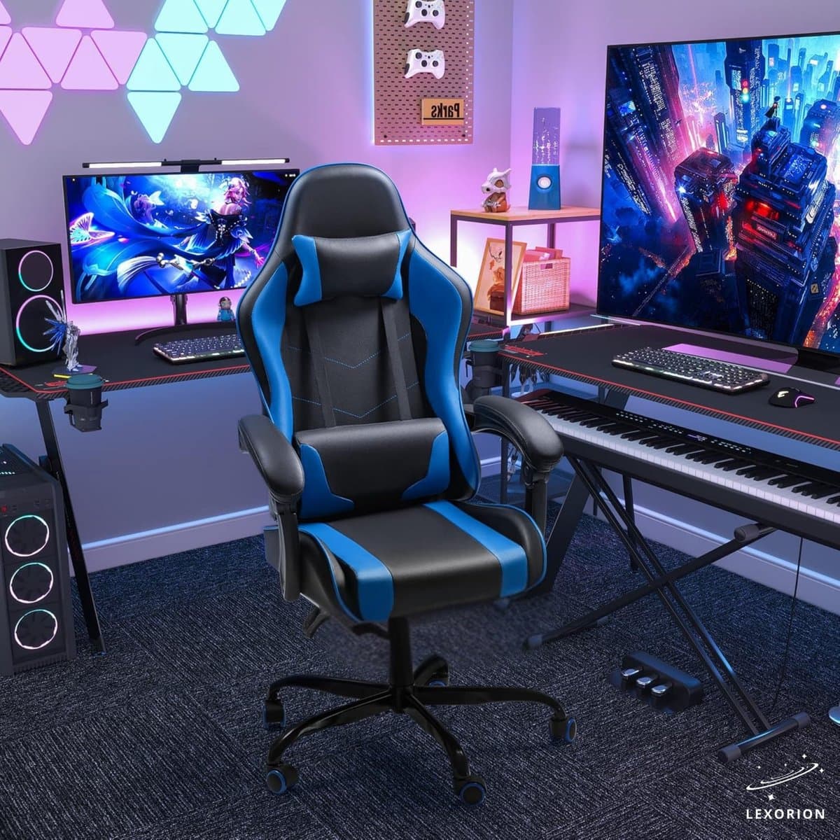 Lexorion Gaming Stoel – Ergonomische Gaming Chair – Inclusief Gratis RGB Gamingmuis Cadeau – Verstelbaar – Lederen Gamestoel – 136 kg – Blauw – Bureaustoel thumbnail 7