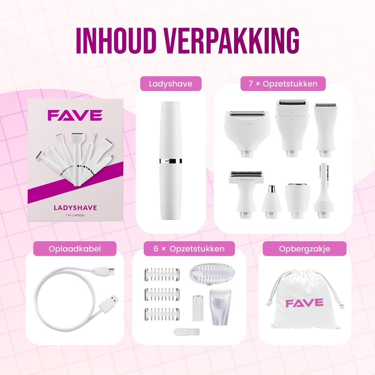 FAVE Ladyshave® 7-in-1 Pro Series - Vrouwen - Bikinilijn Trimmer - Oplaadbaar - Gezicht - Wenkbrauw - Neus - Benen - Schaamhaar - Oksel - Intiem - Gezichtsontharing - Scheerapparaat Dames - Ontharingsapparaten - Elektrisch Scheren - Haar Verwijderen thumbnail 6