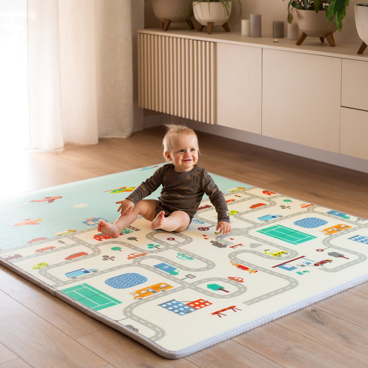 Mamabrum Baby Kruipmat Baby Tapijt Speelmat, 150 X 180 X 2,0 Cm, Niet-Giftige Vloermat Verdikte Vergrote Schuimmat Opgerold Waterdicht Antislip Draagbaar, Weg En Zigzag thumbnail 4