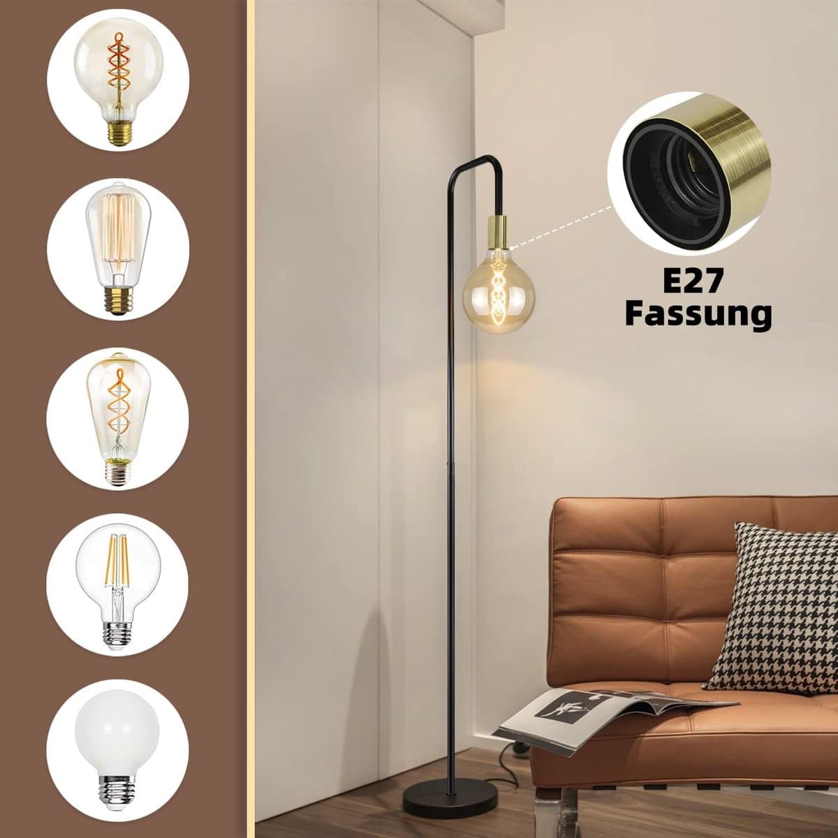 Glitzerlife - Vintage Vloerlamp - Industrieel Design Staande Lamp Zwart Goud Metaal - Met Voetschakelaar, Exclusief Lichtbron - Voor Woonkamer Slaapkamer Kantoor thumbnail 2