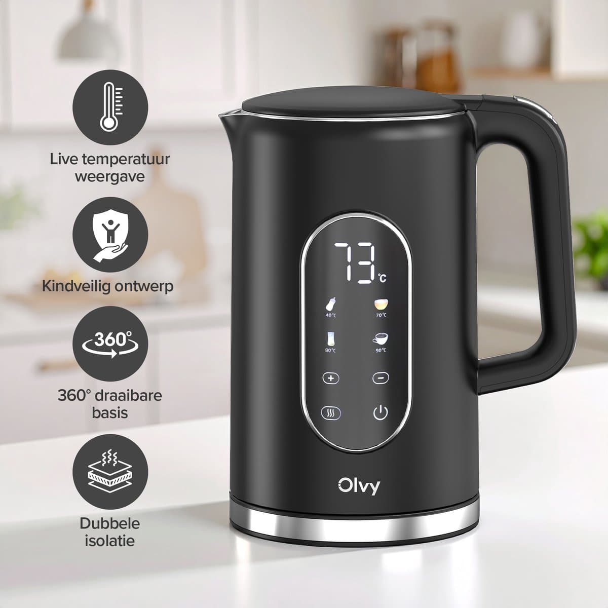 Olvy Waterkoker met Temperatuurregeling - Warmhoudfunctie - RVS - Dubbelwandig - Elektrisch - 1.7 Liter - 2200W - Zwart thumbnail 2