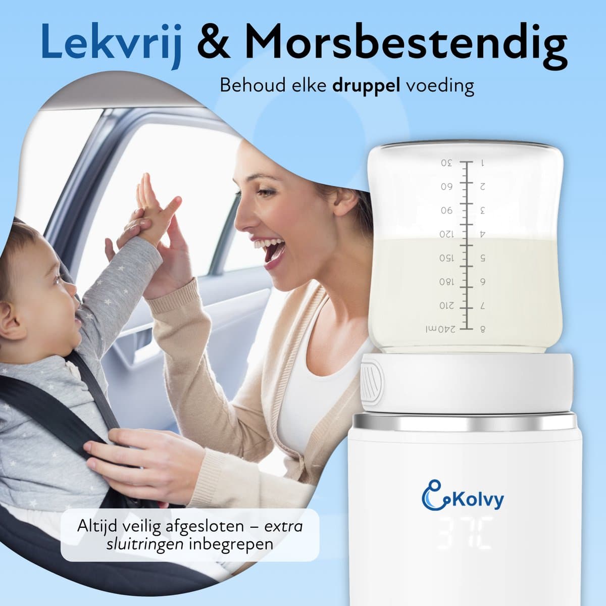 Kolvy® Flessenwarmer Onderweg - Intelligente Flesverwarmer - Bottle Warmer - 4 Temperatuurniveaus - Draadloos - Inclusief 3 Adapters - USB Oplaadbaar thumbnail 8