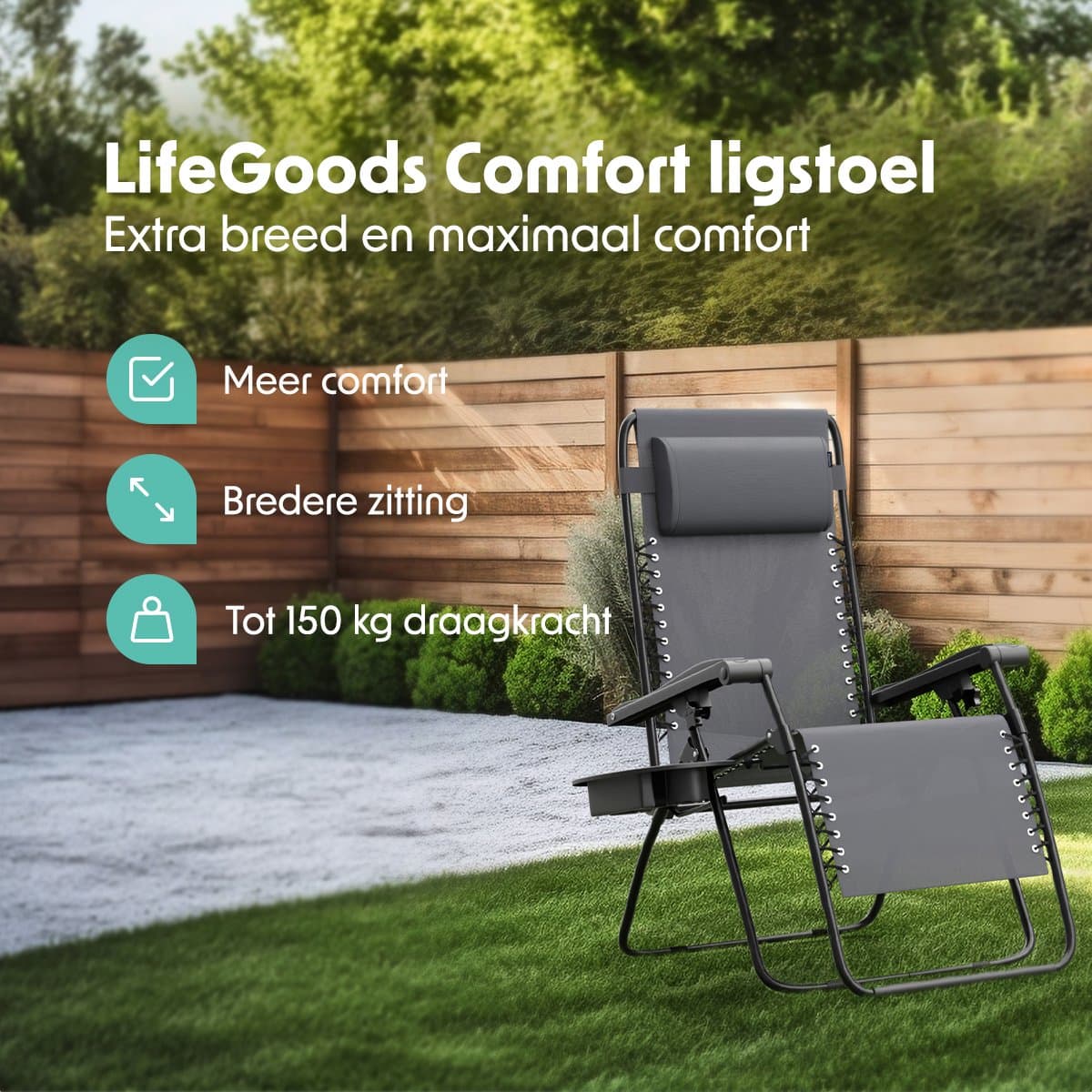 LifeGoods Opvouwbare Tuinstoel - Ligstoel Tuin - 30°-90° Verstelbaar - Metaal - Donkergrijs thumbnail 2