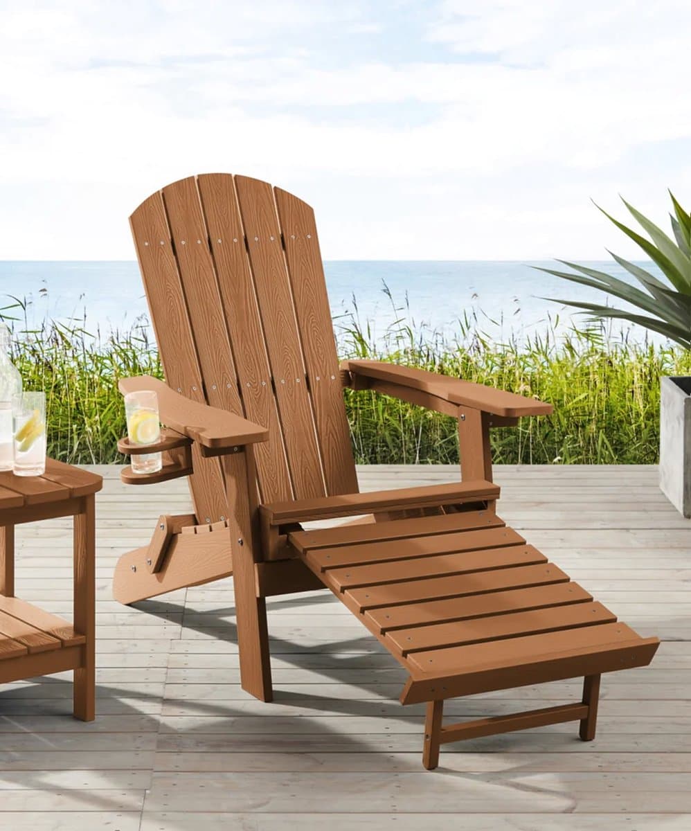Tuinstoel Adirondack Stoel Arizona - Licht Bruin - Met Voetenbankje - Houtlook - Hoogwaardig Kunststof