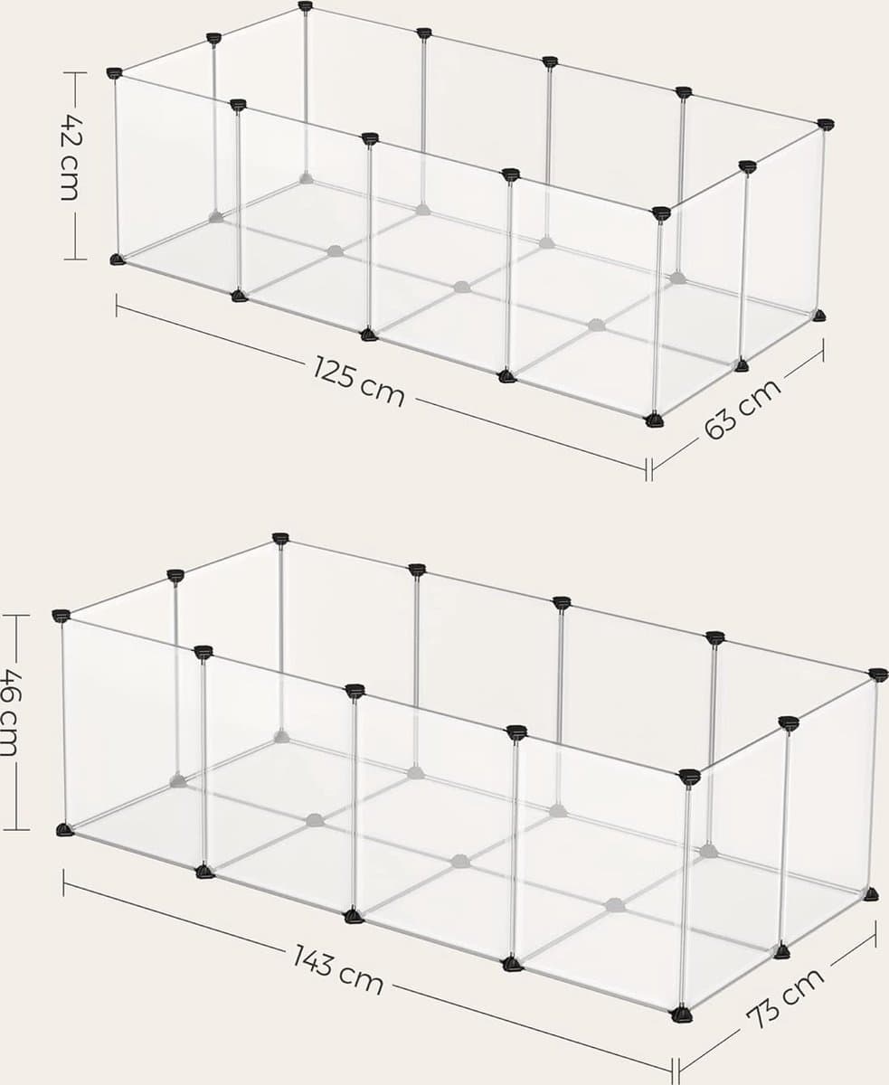 HMPC001W01 Dierenomheining voor kleine dieren, plastic kooi voor binnen, voor hamsters, konijnen, cavia's, 125 x 63 x 42 cm, wit thumbnail 5