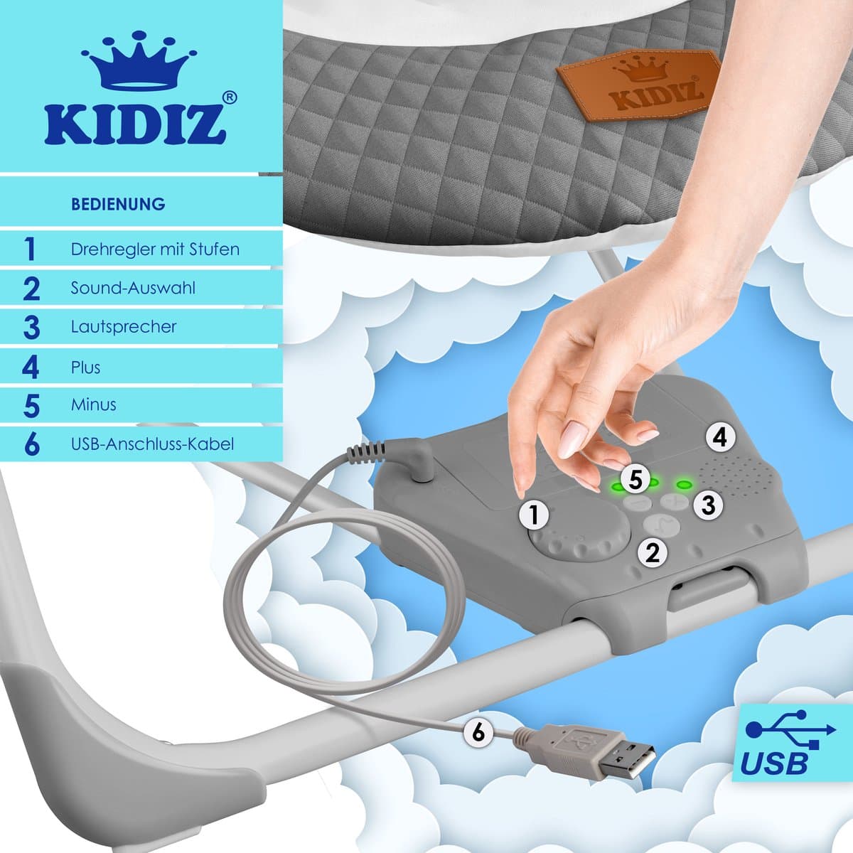 KIDIZ® Wipstoel Baby Elektrisch Babyschommel tot max 9kg - Schommelstoel voor Baby Swing met Speelboog en 5 schommelsnelheden - Antraciet thumbnail 6
