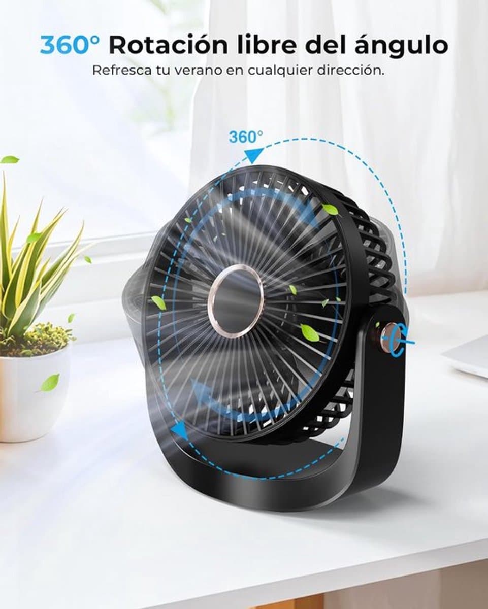 Solvix tafel ventilator geluidloos - Tafelfan met Nachtlamp - Zwart - Oplaadbare USB Fan - 5 Snelheden - Voor Thuis, Kantoor en Reis thumbnail 2