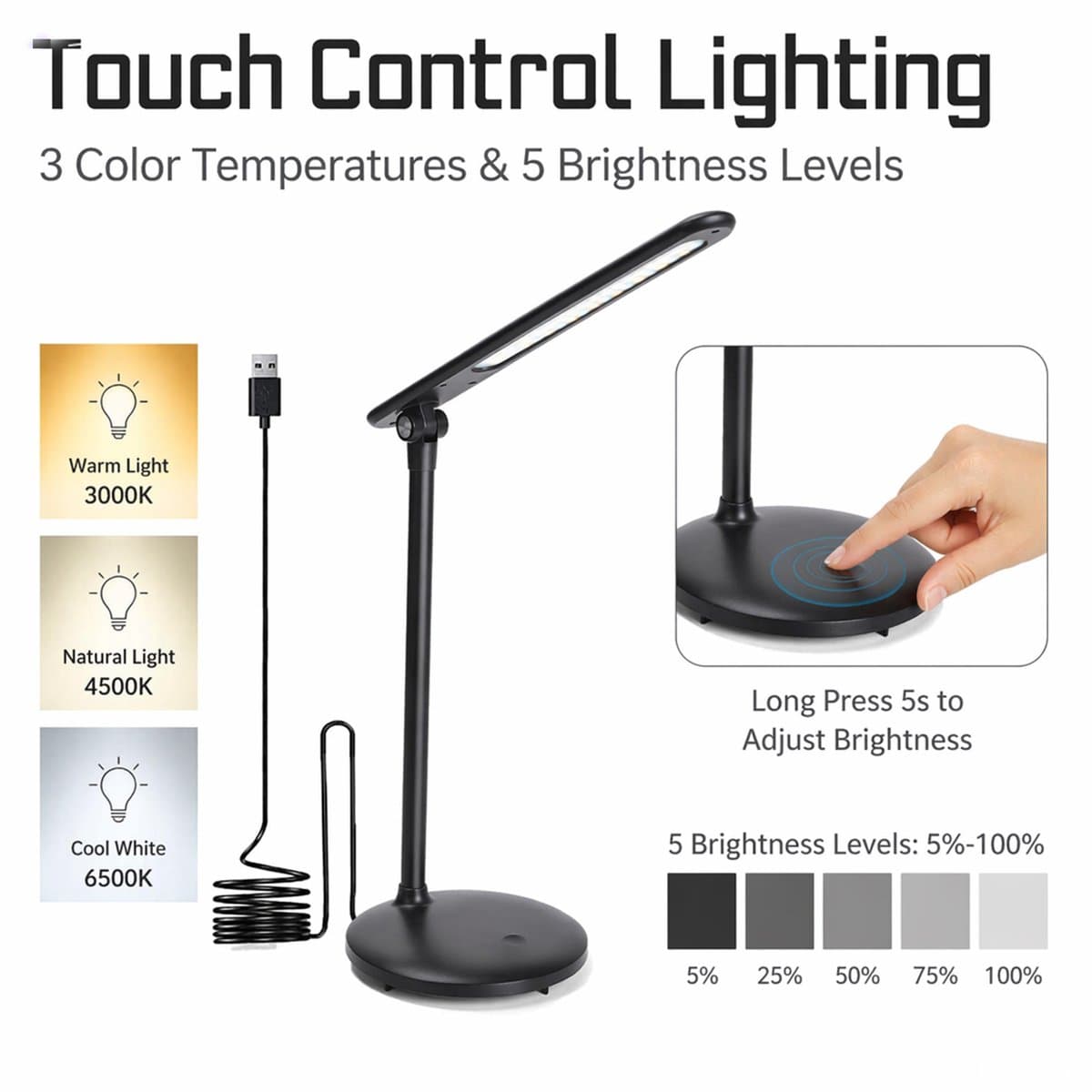 Aigostar Bureaulamp LED Dimbaar - 3 kleuren licht - 5 Helderheidsniveaus - Touch Control - Verstelbare Leeslamp - Bedlamp - Nachtlampje- Zwart thumbnail 3