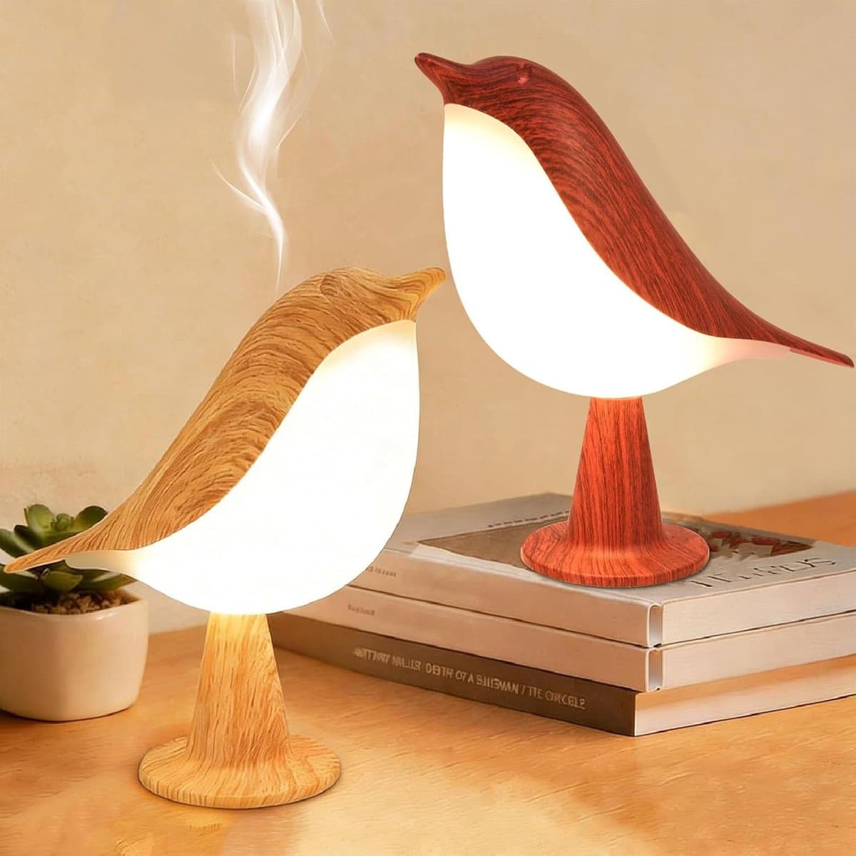 OLOEY Set van 2 kleine-schattige vogeltafellampjes-vogel-nachtlampje met aanraakbediening-draadloze nachtlamp-bureaulamp om bij te lezen-in 3 standen dimbaar-oplaadbare USB-batterij van 2600 mAh-nachtlamp voor de slaapkamer-decoratie