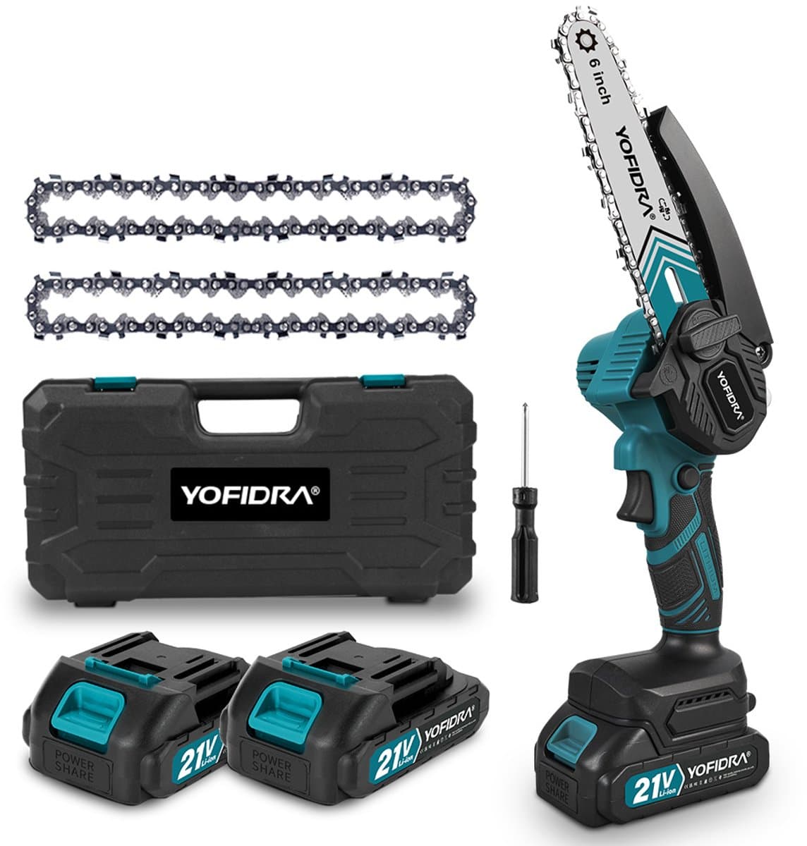 Yofidra Mini kettingzaag - 6 inch kettingzaag- met 2x accu’s - 1000W Heggenschaar - Takkenzaag - voor tuin, boomsnoeien en hout