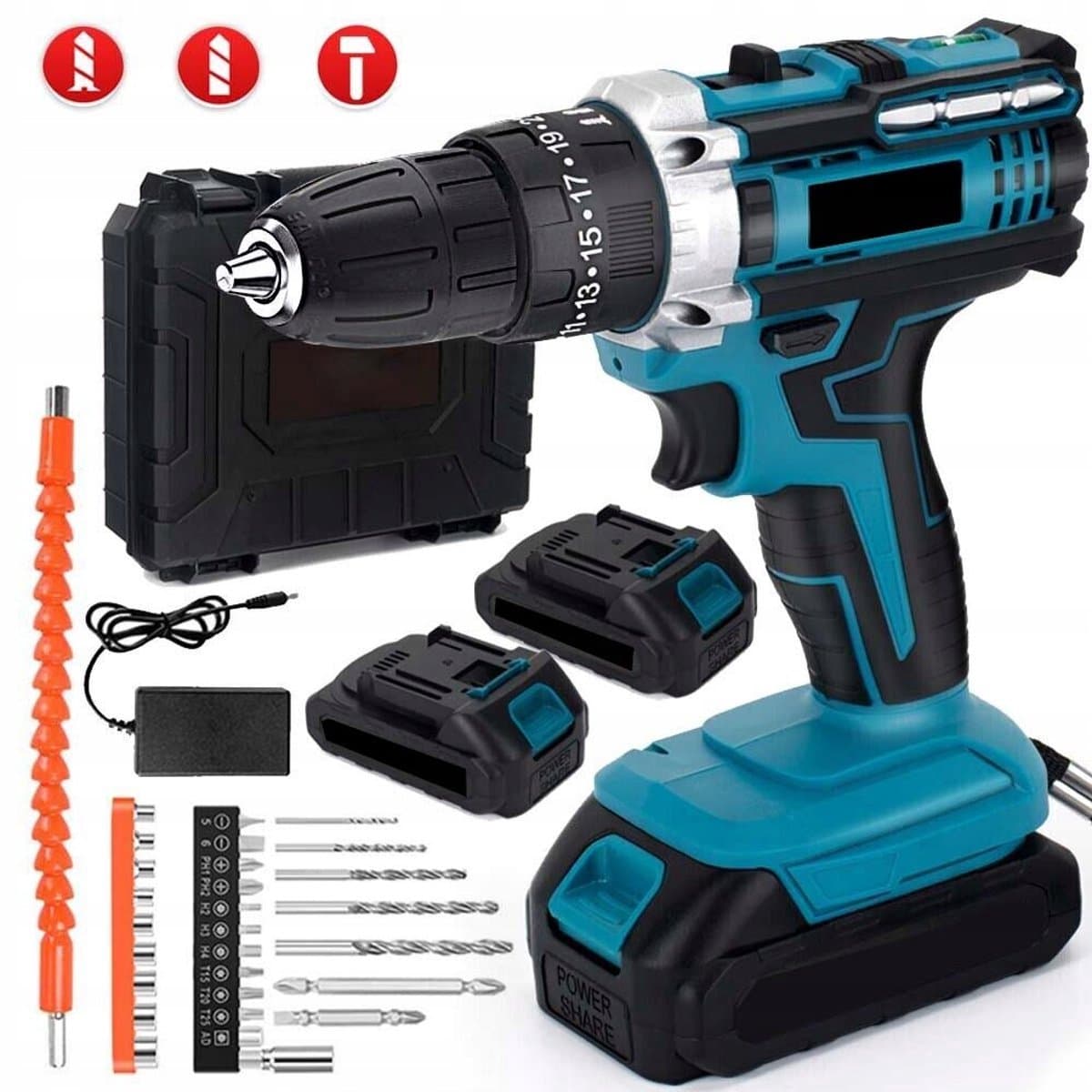 Makita-look Accuboormachine 21V Set – 2 Accu's, Snellader, 45 Nm Koppel, Sleutelloze Boorkop en 24-Delige Accessoireset