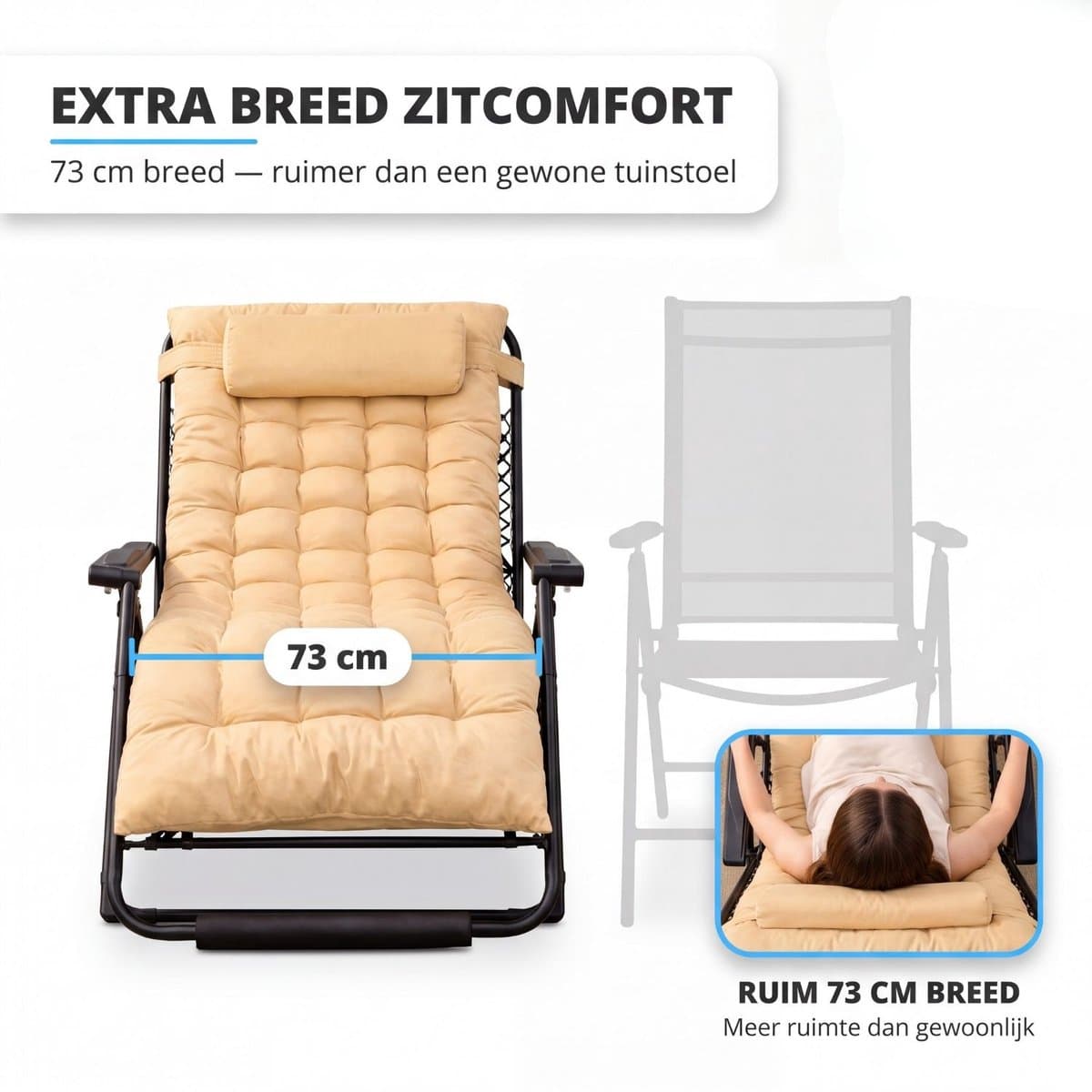 FlinQ 2x XL Relax Tuinstoelen Cloud Comfort Deluxe - Verstelbare Zero Gravity Relaxstoel - Extra breed - Extra dikke kussens - Hoofdkussen & Bekerhouder/Tafeltje - Ligstoel - Tuinmeubelen - Ideale Campingstoel - Ook voor Tuin of Balkon thumbnail 8