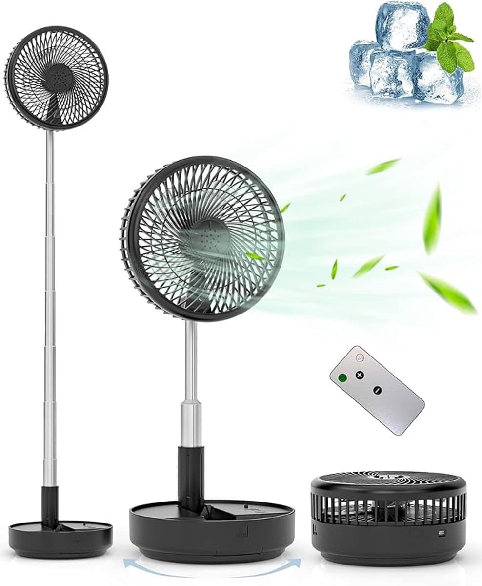 Tafel- en Staande Ventilator - Draagbare Oscillerende Ventilator - Opvouwbaar Design - Afstandsbediening - 4 Snelheden - Oplaadbare Accu - USB Ventilator - Zwart