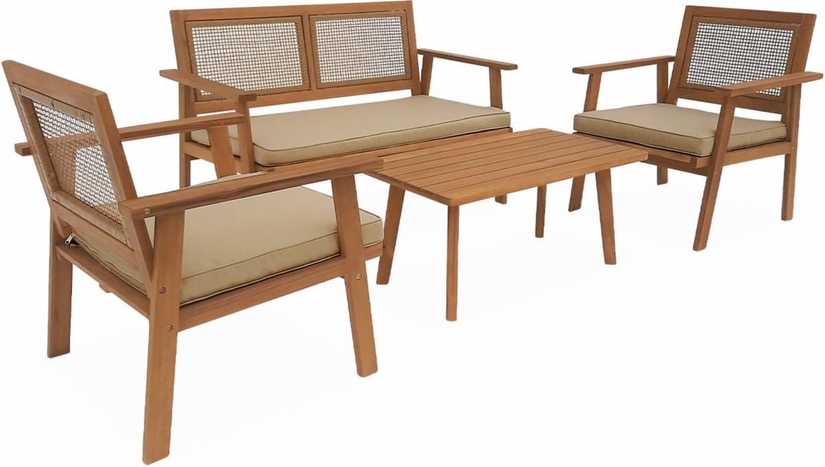 sweeek - Tuinset van hout en vierkant vlechtwerk 2-zitsbank, 2 fauteuils, 1 salontafel - bohémia thumbnail 2