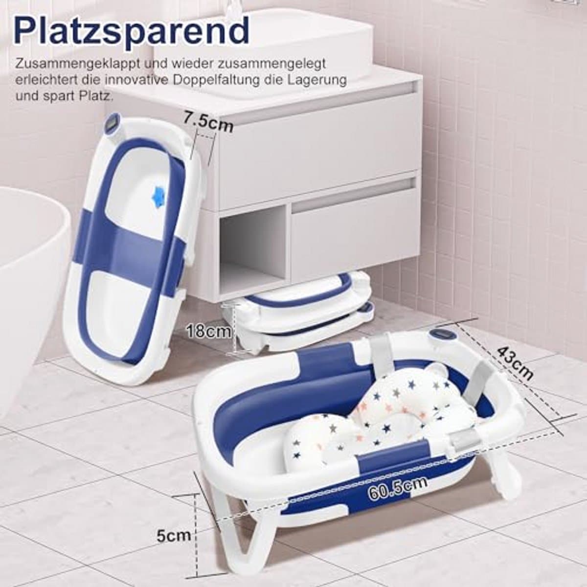 Opvouwbare babybadkuip voor pasgeborenen en peuters met thermometer - Draagbare babybath voor 0-36 maanden in blauw thumbnail 6
