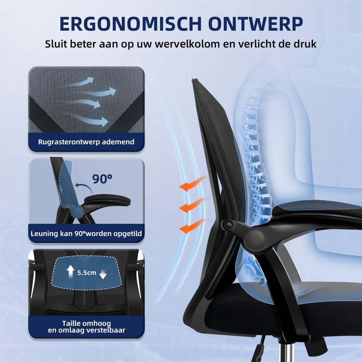 Elekiatech Ergonomische Bureaustoel - Bureaustoel - Bureaustoelen voor Volwassenen - opklapbare armleuningen-150 Kg - Zwart thumbnail 5